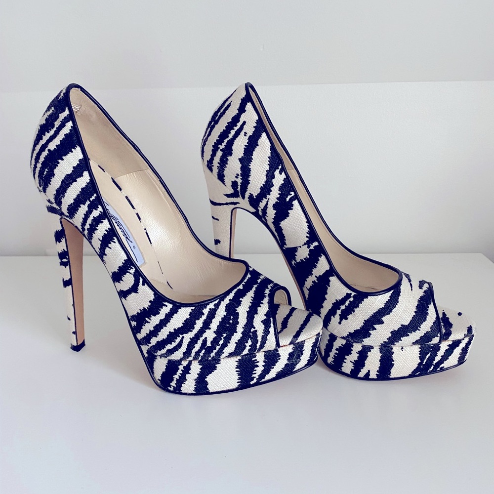 Brian Atwood Linen Zebra Print Open Toe Platform Pump
w/ Leather trim.